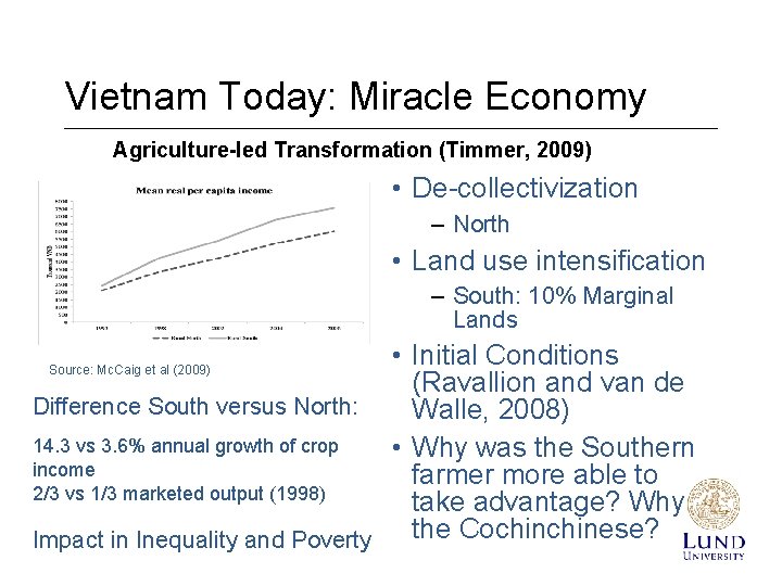 Vietnam Today: Miracle Economy Agriculture-led Transformation (Timmer, 2009) • De-collectivization – North • Land