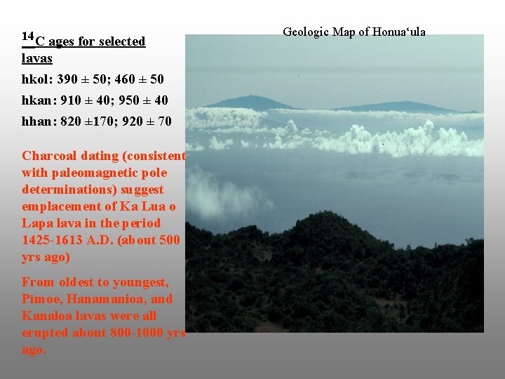 14 C ages for selected lavas hkol: 390 ± 50; 460 ± 50 hkan: