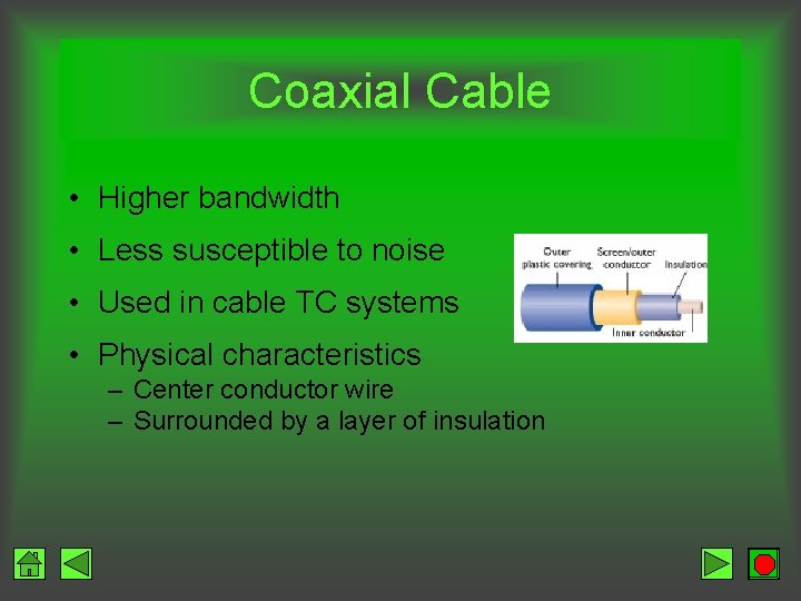 Coaxial Cable • Higher bandwidth • Less susceptible to noise • Used in cable