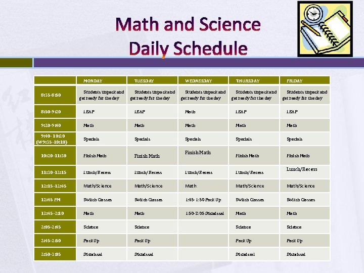 Math and Science Daily Schedule 8: 35 -8: 50 MONDAY Students unpack and get