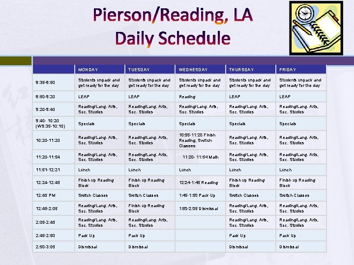 Pierson/Reading, LA Daily Schedule MONDAY TUESDAY WEDNESDAY THURSDAY FRIDAY 8: 35 -8: 50 Students