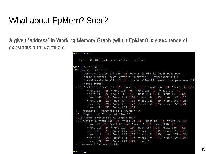 What about Ep. Mem? Soar? A given “address” in Working Memory Graph (within Ep.