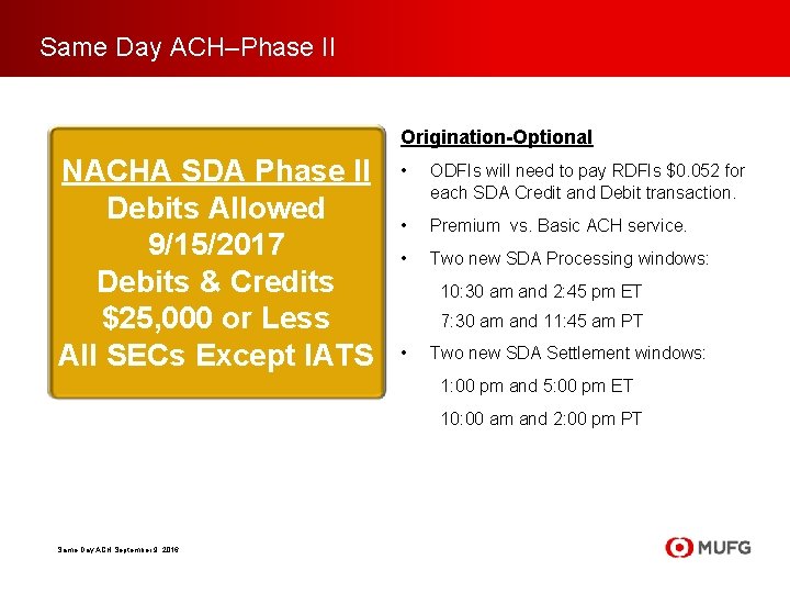 Same Day ACH–Phase II Origination-Optional NACHA SDA Phase II Debits Allowed 9/15/2017 Debits &