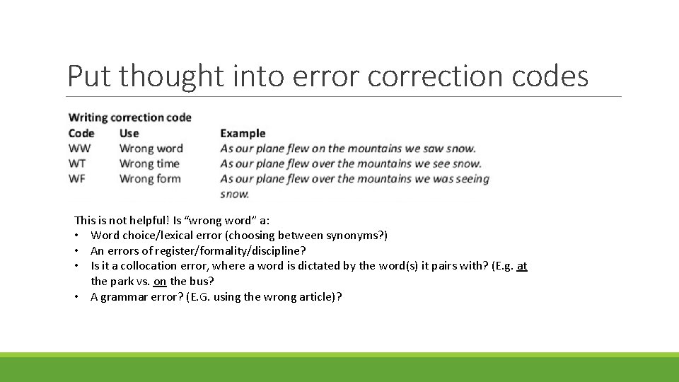 Put thought into error correction codes This is not helpful! Is “wrong word” a: