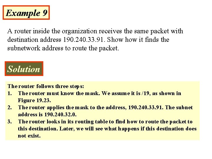 Example 9 A router inside the organization receives the same packet with destination address