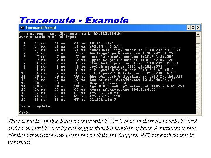Traceroute - Example The source is sending three packets with TTL=1, then another three