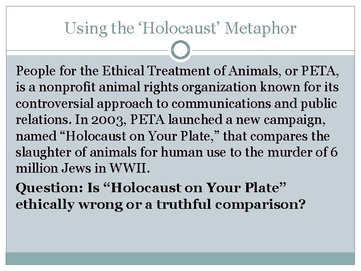 Using the ‘Holocaust’ Metaphor People for the Ethical Treatment of Animals, or PETA, is