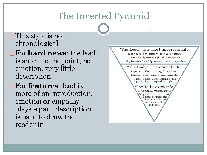The Inverted Pyramid �This style is not chronological �For hard news: the lead is