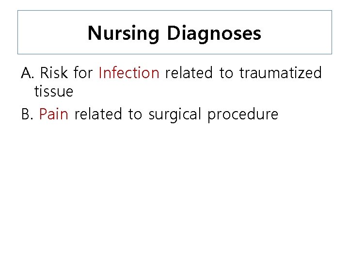 Nursing Diagnoses A. Risk for Infection related to traumatized tissue B. Pain related to