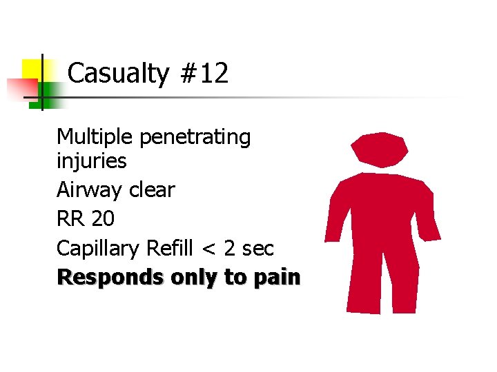 Casualty #12 Multiple penetrating injuries Airway clear RR 20 Capillary Refill < 2 sec