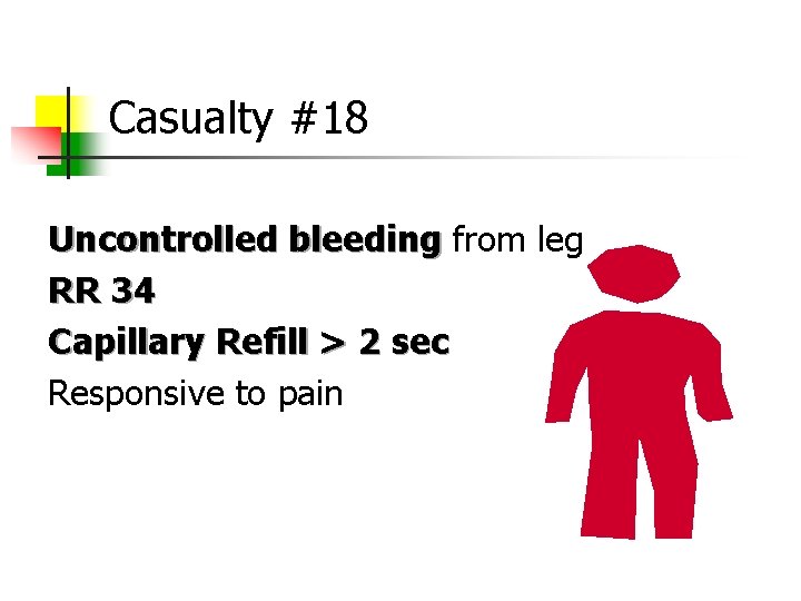Casualty #18 Uncontrolled bleeding from leg RR 34 Capillary Refill > 2 sec Responsive