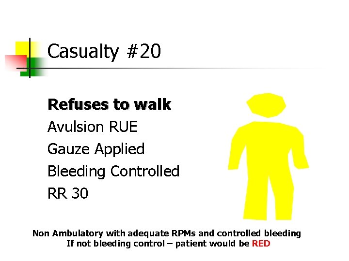 Casualty #20 Refuses to walk Avulsion RUE Gauze Applied Bleeding Controlled RR 30 Non
