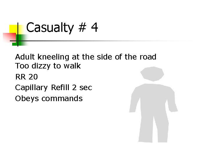 Casualty # 4 Adult kneeling at the side of the road Too dizzy to