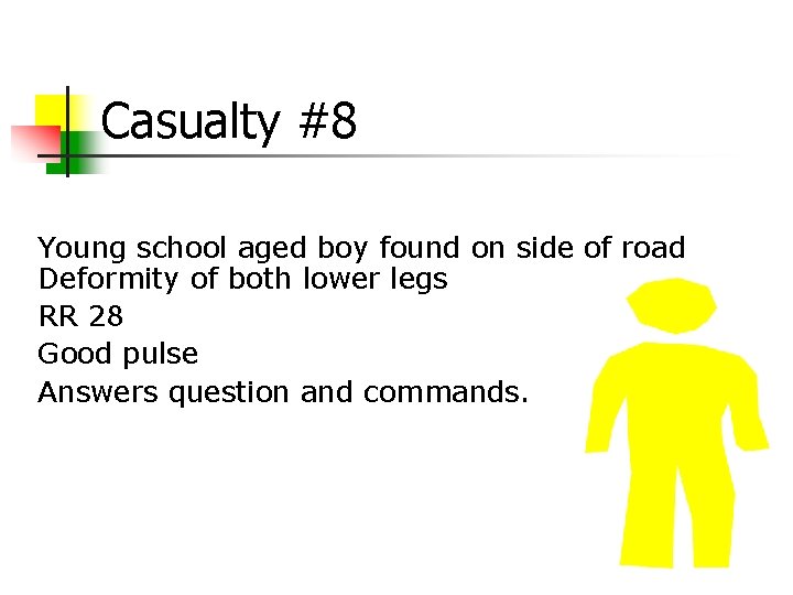 Casualty #8 Young school aged boy found on side of road Deformity of both