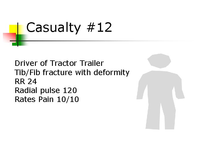 Casualty #12 Driver of Tractor Trailer Tib/Fib fracture with deformity RR 24 Radial pulse