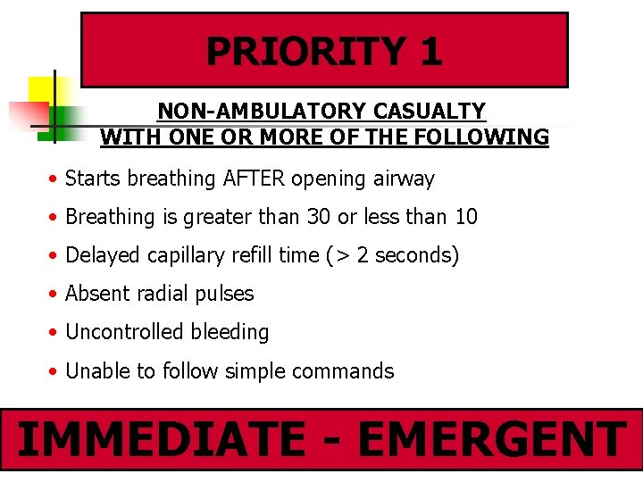 PRIORITY 1 NON-AMBULATORY CASUALTY WITH ONE OR MORE OF THE FOLLOWING • Starts breathing