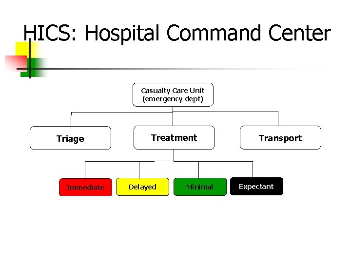 HICS: Hospital Command Center Casualty Care Unit (emergency dept) Triage Immediate Treatment Delayed Minimal