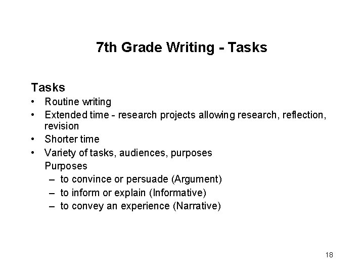 7 th Grade Writing - Tasks • Routine writing • Extended time - research