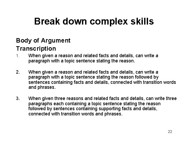 Break down complex skills Body of Argument Transcription 1. When given a reason and