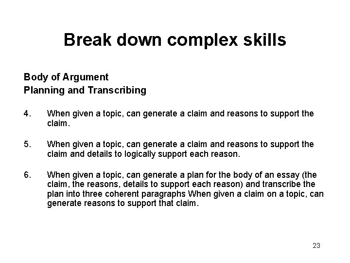 Break down complex skills Body of Argument Planning and Transcribing 4. When given a
