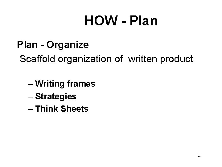 HOW - Plan - Organize Scaffold organization of written product – Writing frames –