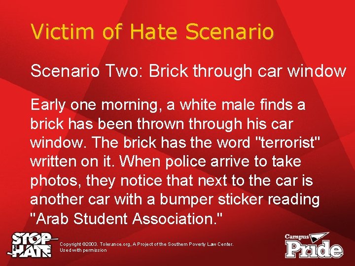 Victim of Hate Scenario Two: Brick through car window Early one morning, a white