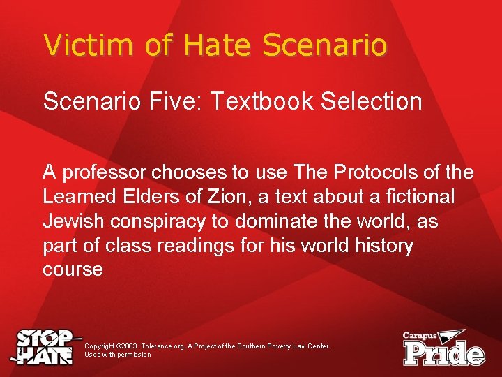 Victim of Hate Scenario Five: Textbook Selection A professor chooses to use The Protocols