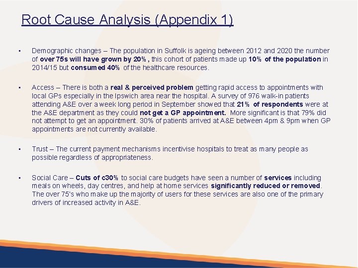 Root Cause Analysis (Appendix 1) • Demographic changes – The population in Suffolk is
