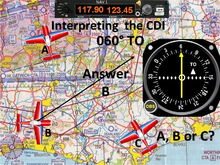 NAV 1 117. 90 123. 45 Pull Ident Interpreting the CDI A 060° TO