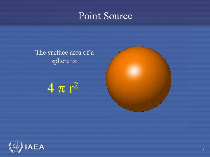 Point Source The surface area of a sphere is: 4 IAEA 2 r 3