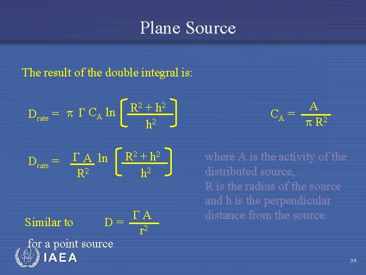Plane Source The result of the double integral is: Drate = CA ln Drate