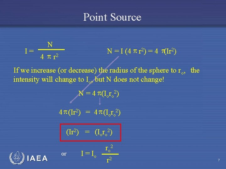 Point Source I= N N = I (4 r 2) = 4 (Ir 2)