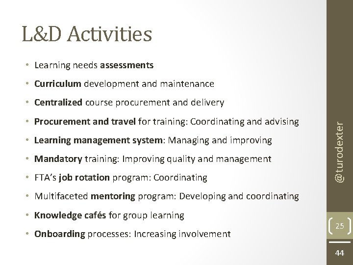 L&D Activities • Learning needs assessments • Curriculum development and maintenance • Procurement and
