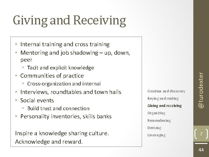 Giving and Receiving • Internal training and cross training • Mentoring and job shadowing