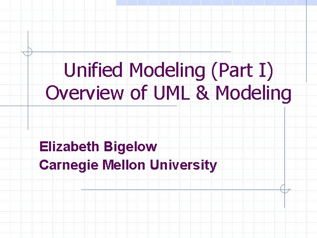 Unified Modeling (Part I) Overview of UML & Modeling Elizabeth Bigelow Carnegie Mellon University