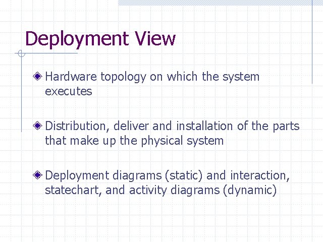 Deployment View Hardware topology on which the system executes Distribution, deliver and installation of