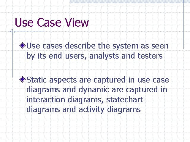 Use Case View Use cases describe the system as seen by its end users,