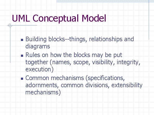 UML Conceptual Model n n n Building blocks--things, relationships and diagrams Rules on how