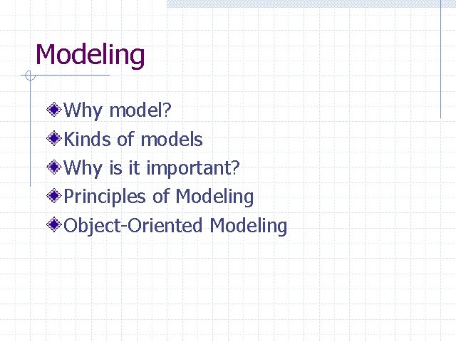 Modeling Why model? Kinds of models Why is it important? Principles of Modeling Object-Oriented