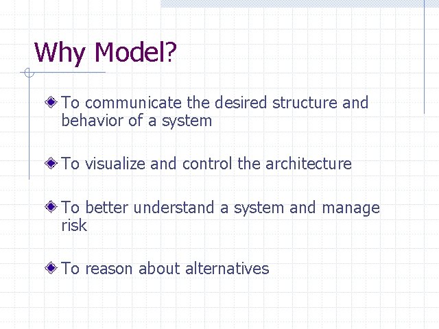 Why Model? To communicate the desired structure and behavior of a system To visualize