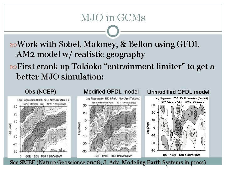 MJO in GCMs Work with Sobel, Maloney, & Bellon using GFDL AM 2 model