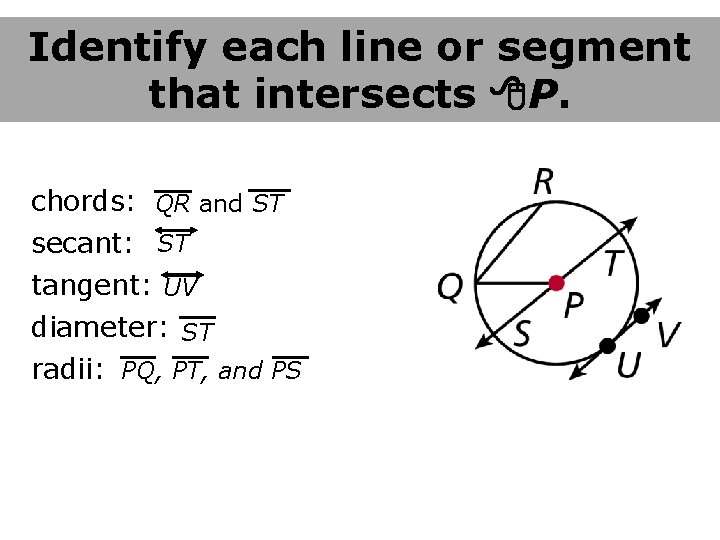 Identify each line or segment that intersects P. chords: QR and ST secant: ST