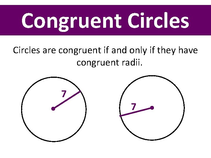 Congruent Circles are congruent if and only if they have congruent radii. 7 7
