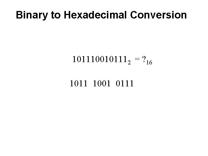Binary to Hexadecimal Conversion 1011100101112 = ? 16 1011 1001 0111 