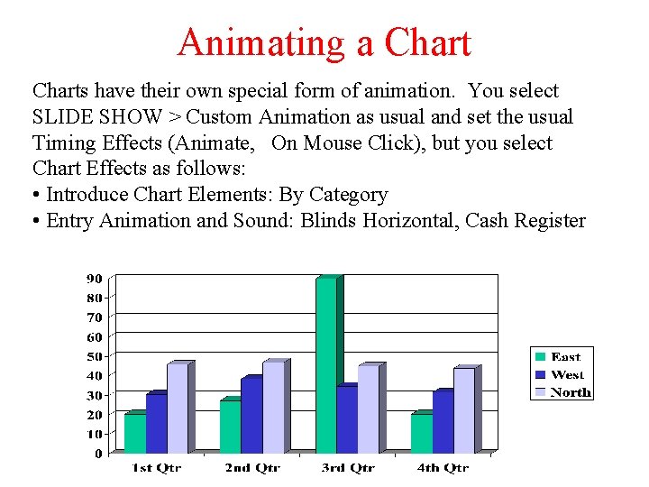 Animating a Charts have their own special form of animation. You select SLIDE SHOW