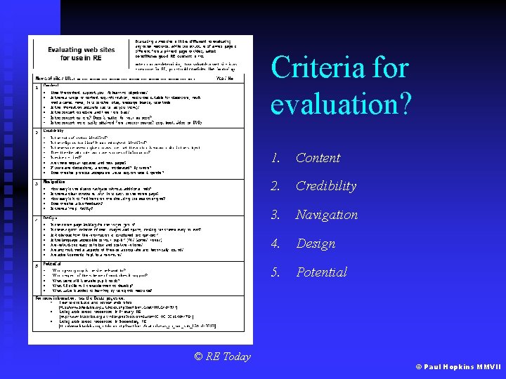 Criteria for evaluation? © RE Today 1. Content 2. Credibility 3. Navigation 4. Design