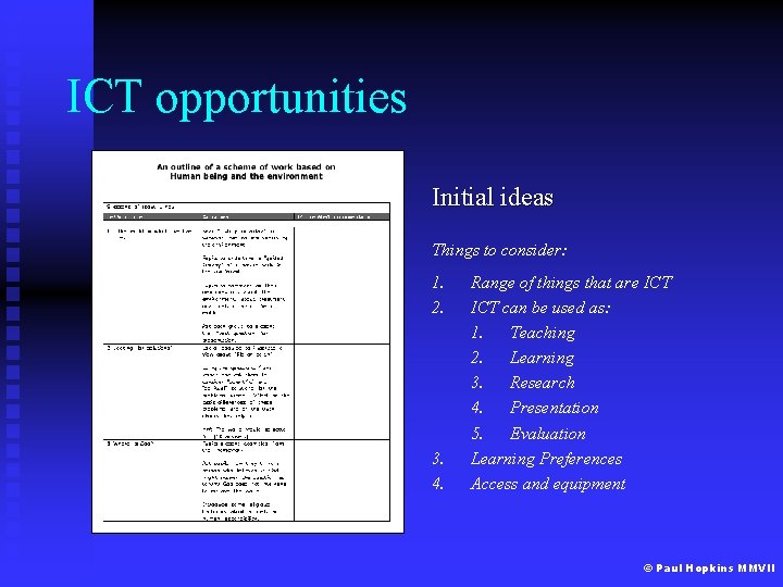 ICT opportunities Initial ideas Things to consider: 1. 2. 3. 4. Range of things