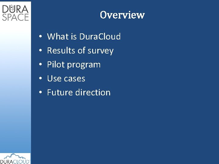 Overview • • • What is Dura. Cloud Results of survey Pilot program Use
