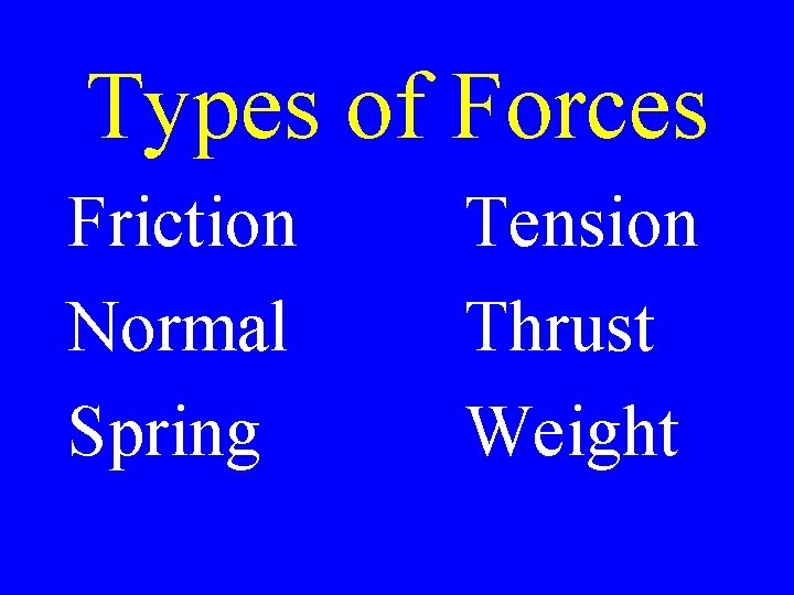 Types of Forces Friction Normal Spring Tension Thrust Weight 