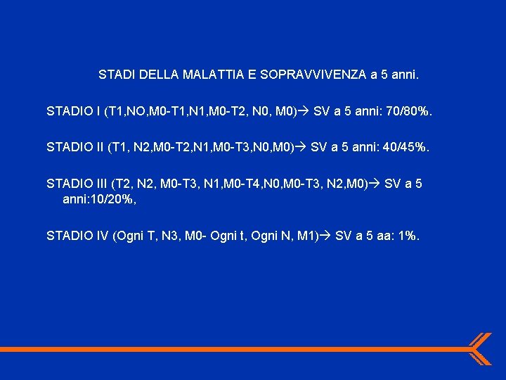 STADI DELLA MALATTIA E SOPRAVVIVENZA a 5 anni. STADIO I (T 1, NO, M